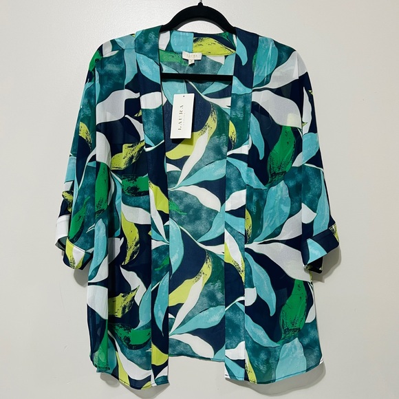 Laura Petites Tops - Laura Petites Vibrant Tropical Leaf Print Kimono Sheer Resort Cardigan Petite S